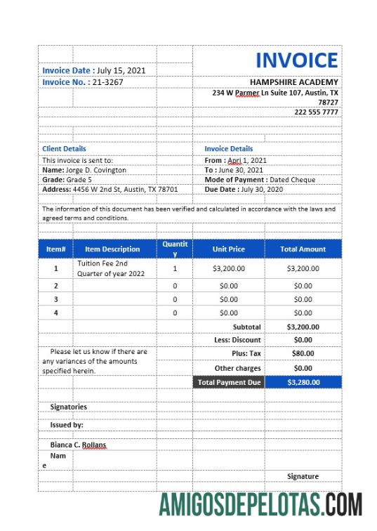 para download Modelo de fatura de mensalidade escolar